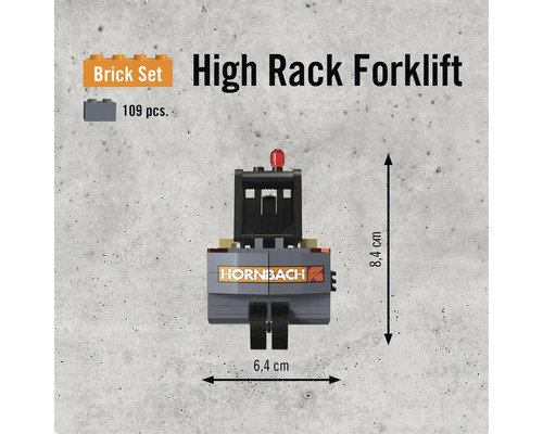 Stavebnica vysokozdvižného vozíka so 109 dielmi s rozmermi 8,4 x 6,4 centimetra