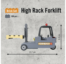 Stavebnica vysokozdvižného vozíka s 109 dielmi a logom Hornbach.