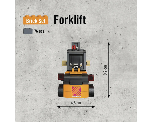 Stavebnica vysokozdvižného vozíka so 76 dielmi a rozmermi 9,2 cm na výšku a 4,8 cm na šírku