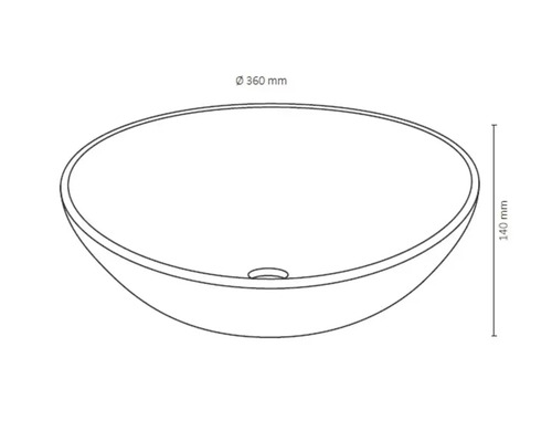 Nákres okrúhleho umývadla na dosku s rozmermi 360 mm v priemere a 140 mm na výšku