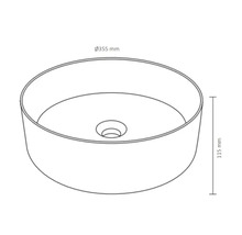 Nákres okrúhleho umývadla na dosku s rozmermi 355 mm v priemere a 115 mm na výšku