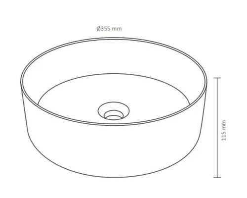 Nákres okrúhleho umývadla na dosku s rozmermi 355 mm v priemere a 115 mm na výšku