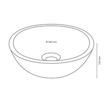 Nákres umývadla na dosku s rozmermi 380 mm priemer a 150 mm výška