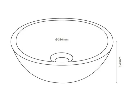 Nákres umývadla na dosku s rozmermi 380 mm priemer a 150 mm výška