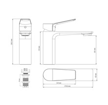 Technický nákres vodovodnej batérie s rozmermi