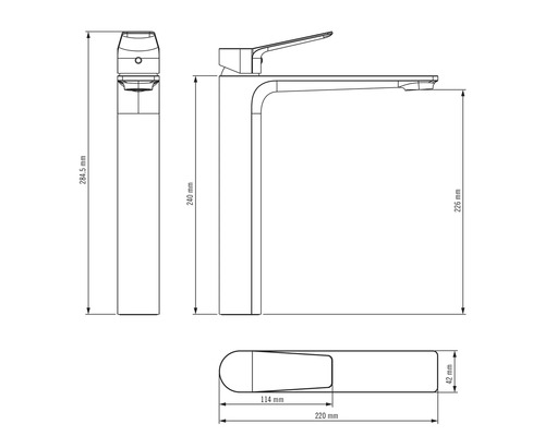 Technický nákres umývadlovej batérie s rozmermi
