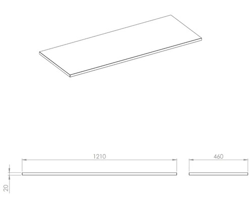 Technický nákres pracovnej dosky s rozmermi 1210 x 460 x 20 milimetrov.
