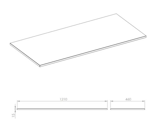 Technický nákres stolovej dosky s rozmermi 1210 x 460 x 15 milimetrov.