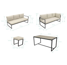 Sada záhradného nábytku s pohovkou, stolom a stoličkou s rozmermi