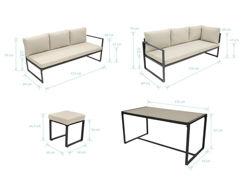 Sada záhradného nábytku s pohovkou, stolom a stoličkou s rozmermi