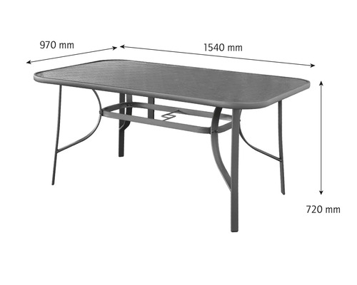 Záhradný stôl so sklenenou doskou, dĺžka 1540 mm, šírka 970 mm a výška 720 mm