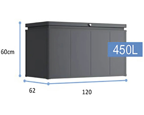 Záhradný box s objemom 450 litrov a rozmermi 60 krát 62 krát 120 centimetrov.