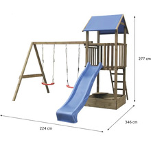 Detská hracia veža s kĺzačkou a hojdačkou z dreva, rozmery 277 cm výška, 224 cm šírka a 346 cm hĺbka