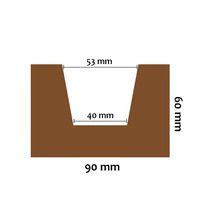 Rez drážkovaného bloku s rozmermi 90 mm šírka, 60 mm výška, 53 mm horná šírka drážky a 40 mm spodná šírka drážky