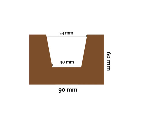 Rez drážkovaného bloku s rozmermi 90 mm šírka, 60 mm výška, 53 mm horná šírka drážky a 40 mm spodná šírka drážky