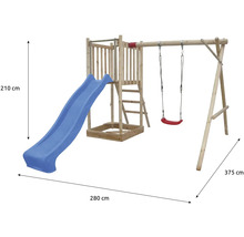 Drevená hracia veža so šmýkačkou, hojdačkou a pieskoviskom s rozmermi 210 cm výška, 280 cm šírka a 375 cm hĺbka.