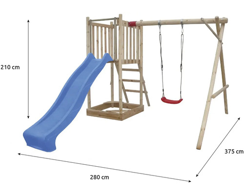 Drevená hracia veža so šmýkačkou, hojdačkou a pieskoviskom s rozmermi 210 cm výška, 280 cm šírka a 375 cm hĺbka.