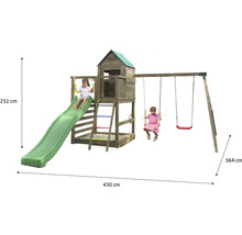 Detská hracia veža s hojdačkou a šmýkačkou s rozmermi 430 krát 364 krát 252 centimetrov