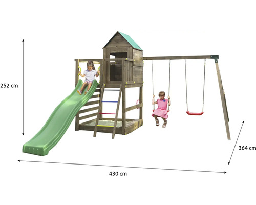 Detská hracia veža s hojdačkou a šmýkačkou s rozmermi 430 krát 364 krát 252 centimetrov