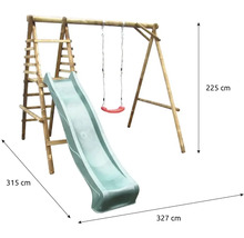Drevená hracia veža so šmýkačkou a hojdačkou s rozmermi 315 cm x 327 cm x 225 cm