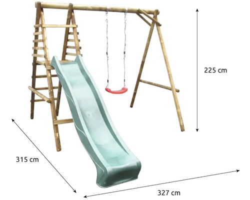Drevená hracia veža so šmýkačkou a hojdačkou s rozmermi 315 cm x 327 cm x 225 cm