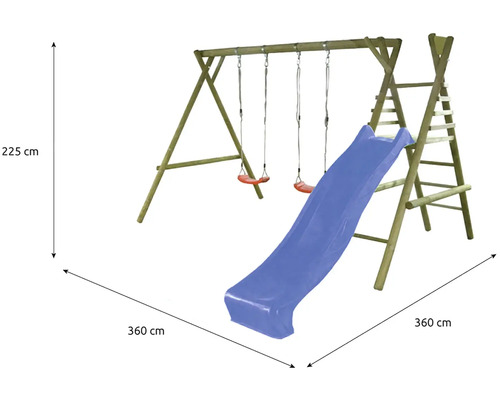 Drevená hojdačka so šmýkačkou a rebríkom do záhrady, rozmery 360 krát 360 krát 225 centimetrov