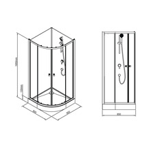 Technický nákres rohovej sprchy s rozmermi