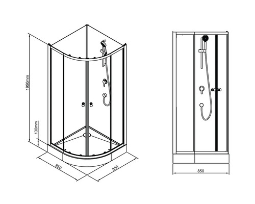 Technický nákres rohovej sprchy s rozmermi