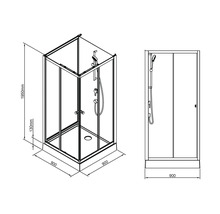 Technický nákres sprchovacieho kúta s rozmermi 900 x 900 x 1950 mm.
