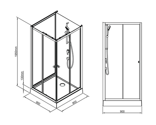 Technický nákres sprchovacieho kúta s rozmermi 900 x 900 x 1950 mm.