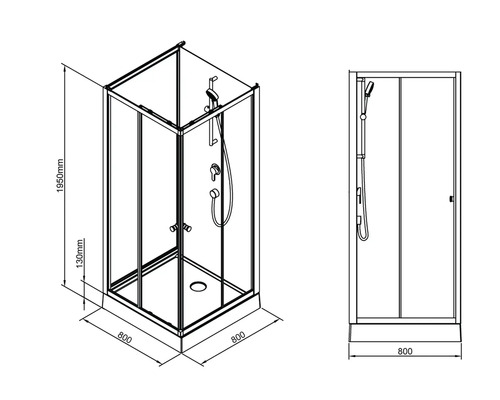 Technický nákres sprchovacieho kúta s rozmermi 800 x 800 x 1950 mm