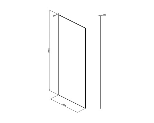 Technický nákres sprchovej steny s rozmermi 2100 mm výška, 860 mm šírka a 8 mm hrúbka.
