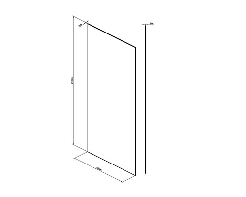 Obrázok sprchovej zásteny s rozmermi 2100 mm na výšku a 960 mm na šírku.