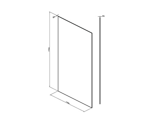 Technický nákres sprchovej steny s rozmermi 2100 mm výška, 1160 mm šírka a 8 mm hrúbka.