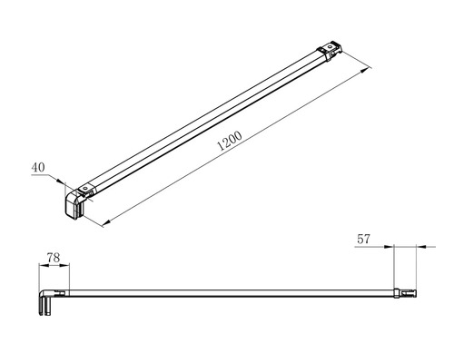 Technický nákres tyčového systému s rozmermi 1200, 40, 57 a 78.