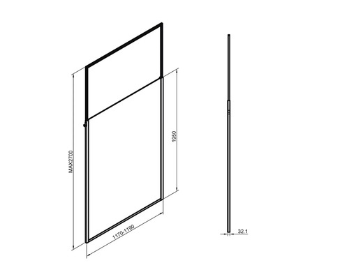 Technický výkres sprchovej steny s rozmermi.