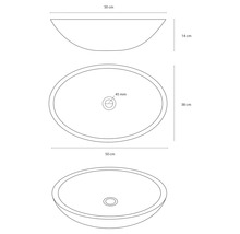 Nákres umývadlovej misy s rozmermi 50 cm x 38 cm x 14 cm.