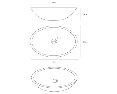 Nákres umývadlovej misy s rozmermi 50 cm x 38 cm x 14 cm.