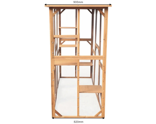 Voľne stojaci mačací dom z dreva s niekoľkými úrovňami a drôteným pletivom