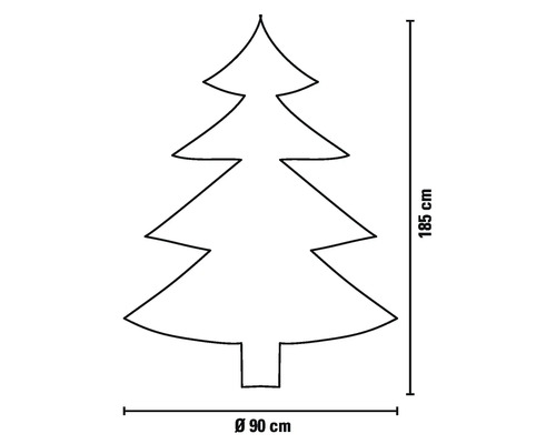 Obrys vianočného stromčeka s rozmermi: výška 185 cm, priemer 90 cm