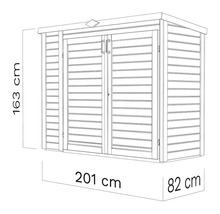 Technický nákres záhradného domčeka s rozmermi 163 cm výška, 201 cm šírka a 82 cm hĺbka.