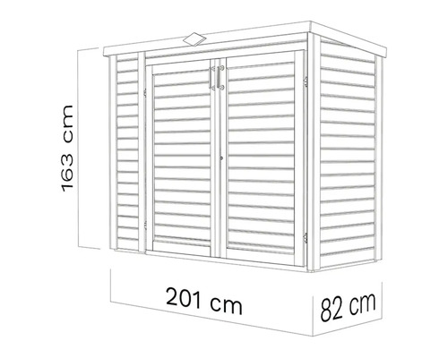 Technický nákres záhradného domčeka s rozmermi 163 cm výška, 201 cm šírka a 82 cm hĺbka.