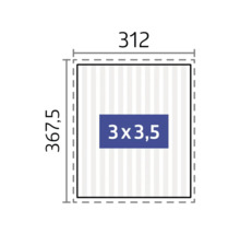 Rozmery 312 krát 367,5 s údajom o ploche 3 krát 3,5