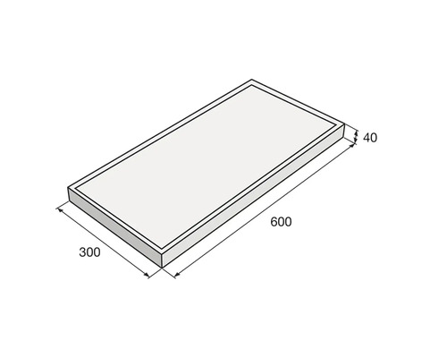 Technický nákres dosky s rozmermi 600 x 300 x 40 mm.