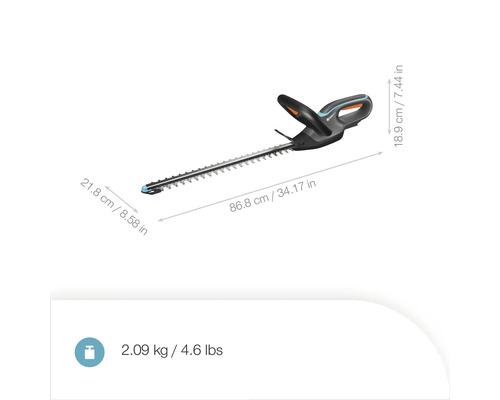 Akumulátorové nožnice na živý plot Gardena s dĺžkou 86,8 cm a hmotnosťou 2,09 kg.