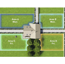 Pohľad zhora na dom so záhradou, rozdelenou do zón kosenia s plánom