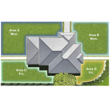 Pohľad zhora na dom so záhradnými plochami a plánom zavlažovania.