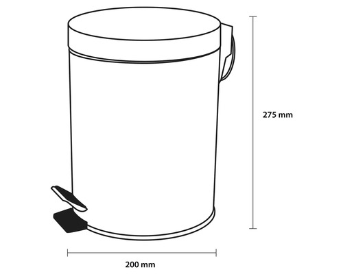 Obrázok pedálového koša s rozmermi 275 mm na výšku a 200 mm na šírku.