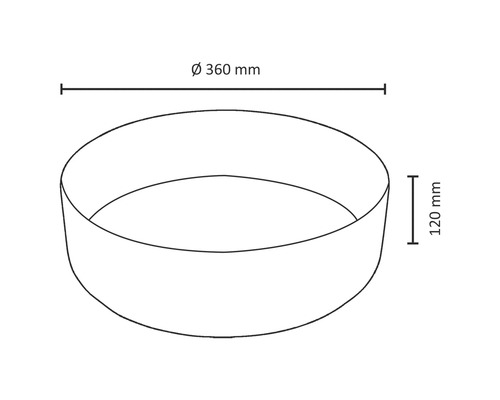 Nákres kvetinovej misy s rozmermi priemer 360 milimetrov a výška 120 milimetrov