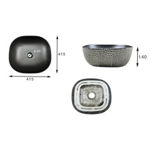 Tri pohľady na umývadlo na dosku s rozmermi.